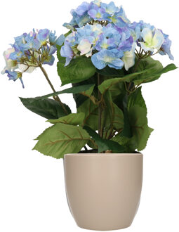 Bellatio Flowers & Plants Hortensia kunstplant met bloemen blauw - in pot taupe - 40 cm hoog - Kunstplanten