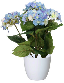 Bellatio Flowers & Plants Hortensia kunstplant met bloemen blauw - in pot wit - 40 cm hoog - Kunstplanten