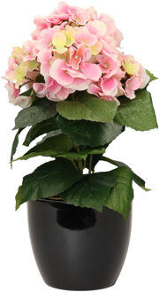 Bellatio Flowers & Plants Hortensia kunstplant met bloemen lichtroze - in pot zwart - 40 cm hoog - Kunstplanten