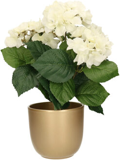 Bellatio Flowers & Plants Hortensia kunstplant met bloemen wit - in pot goud - 40 cm hoog - Kunstplanten Goudkleurig