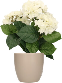 Bellatio Flowers & Plants Hortensia kunstplant met bloemen wit - in pot taupe - 40 cm hoog - Kunstplanten