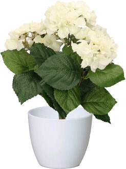 Bellatio Flowers & Plants Hortensia kunstplant met bloemen wit - in pot wit - 40 cm hoog - Kunstplanten