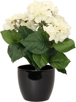 Bellatio Flowers & Plants Hortensia kunstplant met bloemen wit - in pot zwart - 40 cm hoog - Kunstplanten