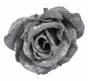 Bellatio Flowers & Plants Kersthanger - 1x - bloem - op clip - zilver - 9 cm - Kerstboomversiering