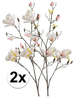 Bellatio Flowers & Plants Kunstbloem Magnolia tak - 2x - 105 cm - creme wit/roze - Kunst zijdebloemen