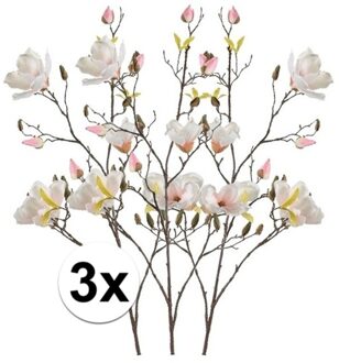 Bellatio Flowers & Plants Kunstbloem Magnolia tak - 3x - 105 cm - creme wit/roze - Kunst zijdebloemen