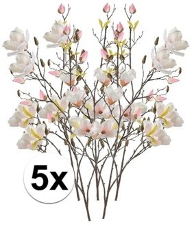 Bellatio Flowers & Plants Kunstbloem Magnolia tak - 5x - 105 cm - creme wit/roze - Kunst zijdebloemen