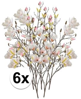 Bellatio Flowers & Plants Kunstbloem Magnolia tak - 6x - 105 cm - creme wit/roze - Kunst zijdebloemen