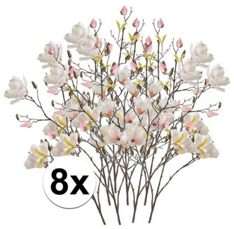 Bellatio Flowers & Plants Kunstbloem Magnolia tak - 8x - 105 cm - creme wit/roze - Kunst zijdebloemen