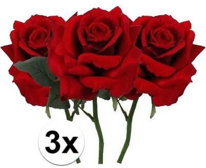 Bellatio Flowers & Plants Kunstbloem Roos de luxe - 3x - rood - 30 cm - kunststof steel - decoratie bloemen