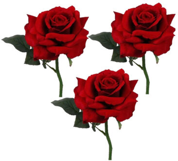 Bellatio Flowers & Plants Kunstbloem Roos de luxe - 3x - rood - 30 cm - kunststof steel - decoratie bloemen
