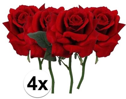 Bellatio Flowers & Plants Kunstbloem Roos de luxe - 4x - rood - 30 cm - kunststof steel - decoratie bloemen