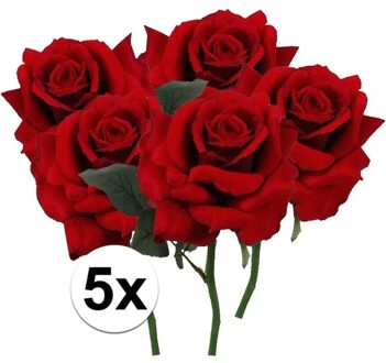 Bellatio Flowers & Plants Kunstbloem Roos de luxe - 5x - rood - 30 cm - kunststof steel - decoratie bloemen