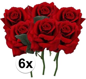 Bellatio Flowers & Plants Kunstbloem Roos de luxe - 6x - rood - 30 cm - kunststof steel - decoratie bloemen