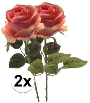 Bellatio Flowers & Plants Kunstbloem roos Simone - 2x - roze - 45 cm - decoratie bloemen