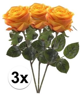Bellatio Flowers & Plants Kunstbloem roos Simone - 3x - geel/oranje - 45 cm - decoratie bloemen