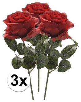 Bellatio Flowers & Plants Kunstbloem roos Simone - 3x - rood - 45 cm - decoratie bloemen