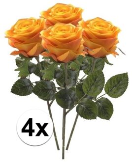 Bellatio Flowers & Plants Kunstbloem roos Simone - 4x - geel/oranje - 45 cm - decoratie bloemen