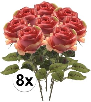 Bellatio Flowers & Plants Kunstbloem roos Simone - 8x - roze - 45 cm - decoratie bloemen