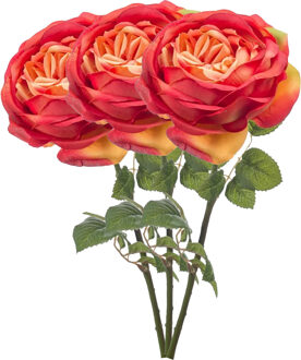 Bellatio Flowers & Plants Kunstbloem roos Vicky - 3x - oranje - 66 cm - kunststof steel - decoratie bloemen