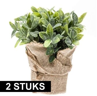 Bellatio Flowers & Plants Kunstplant - 2x - Munt Kruiden - Groen - In Jute Pot - 19 cm