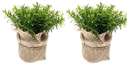 Bellatio Flowers & Plants Kunstplant - 2x - Tijm Kruiden - Groen - In Jute Pot - 16 cm