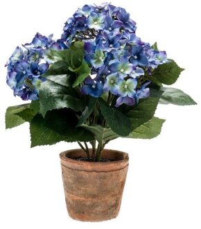 Bellatio Flowers & Plants Kunstplant Hortensia - blauw - 37 cm - in ronde terracotta pot