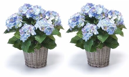 Bellatio Flowers & Plants Kunstplant Hortensia bloemen in mand - 2x - Blauw - H45 cm - Kunstplanten/nepplanten met bloemen