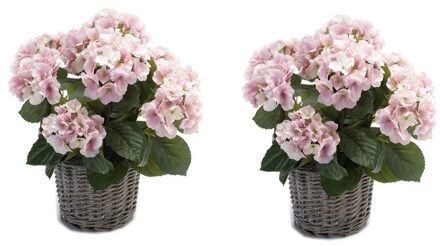 Bellatio Flowers & Plants Kunstplant Hortensia bloemen in mand - 2x - Roze - H45 cm - Kunstplanten/nepplanten met bloemen