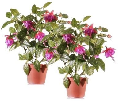Bellatio Flowers & Plants kunstplant met bloemen - 2x - fuchsia roze - 30 cm - binnen
