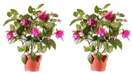 Bellatio Flowers & Plants kunstplant met bloemen - 2x - fuchsia roze - 30 cm - binnen