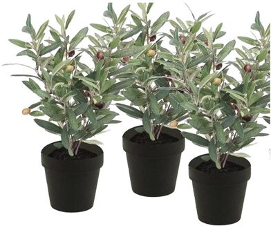 Bellatio Flowers & Plants Kunstplant olijfboompje - 3x - groen - in zwarte pot - 35 cm