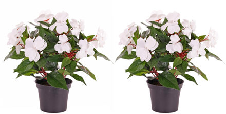 Bellatio Flowers & Plants Kunstplant Vlijtig Liesje - 2x stuks - heester - wit - 25 cm - kunstbloemen