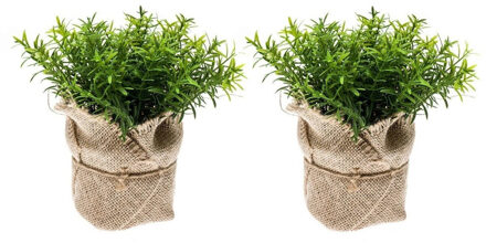 Bellatio Flowers & Plants Kunstplant - Voordeelset van 5x stuks - Tijm Kruiden - Groen - In Jute Pot - 16 cm