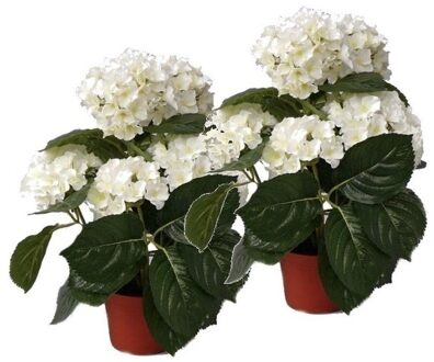 Bellatio Flowers & Plants Mooie kunstplant met bloemen - 2x - Hortensia - wit - H36 cm - Dia 10 cm