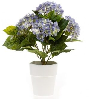 Bellatio Flowers & Plants Nep Hortensia plant blauw in witte pot kunstplant