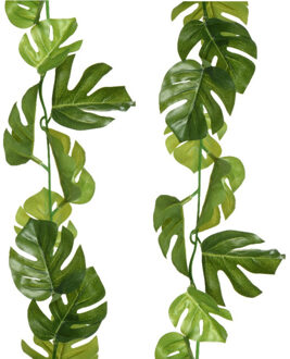 Bellatio Flowers & Plants Plantenslinger/kunstplant - 2x - Monstera - groen - kunststof - 180 cm - Gatenplant