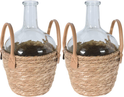 Bellatio Flowers & Plants Set van 2x stuks flesvaas glas transparant met gevlochten rieten mand 20 x 31 cm