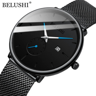 BELUSHI New Fashion Mens Watches Top Brand Luxury Quartz Watch Men Mesh Steel Waterproof Ultra-thin Wrist Watch For Men Clock