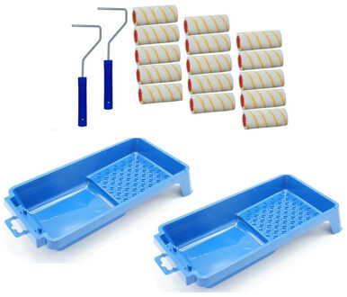 Ben Tools 15x verfroller / vachtrollers incl 2 rollerbeugels en 2 verfbakken - 10 cm - rollers voor het schilderen van wanden en plafonds