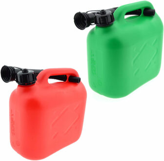 Ben Tools 2x stuks jerrycans groen en rood voor brandstof - 5 liter - inclusief schenktuit - benzine / diesel