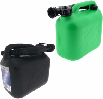 Ben Tools 2x stuks jerrycans zwart en groen voor brandstof - 5 liter - inclusief schenktuit - benzine / diesel