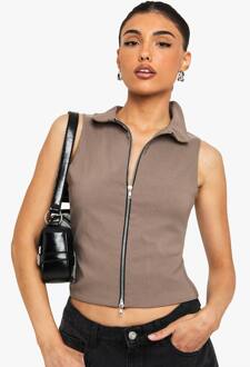 Bengaline Dubbelrits Top Met Kraag, Mocha - 34