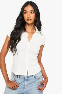 Bengaline Top Met Korte Mouwen, Geraffelde Afwerking En Haak-En-Oogdetails, White - 42