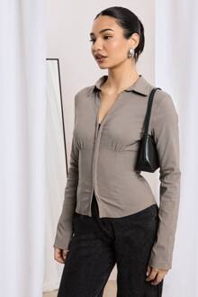 Bengaline Top Met Kraag En Haak-En-Oogsluiting, Mocha - 38