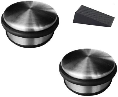 Benson 2x RVS deurstop rond 4,5 x 11 cm + gratis deurwig - Deurstoppers Zilverkleurig