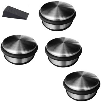 Benson 4x RVS deurstop rond 4,5 x 11 cm + deurwig - Deurstoppers Zilverkleurig