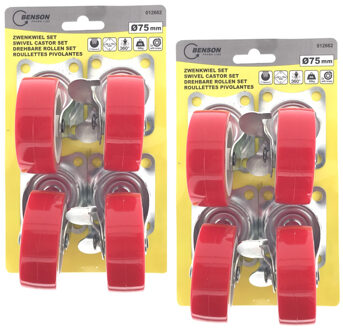 Benson 8x Zwenkwiel set met rem 75 mm rood
