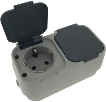 Benson Buiten wandstopcontact 2-voudig IP54 - waterdicht - grijs - Met randaarde en klep