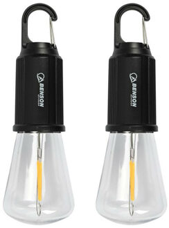 Benson Campinglamp - 2x - zwart - kunststof - 5.4 x 17.5 cm - lantaarn - oplaadbaar met karabijnhaak